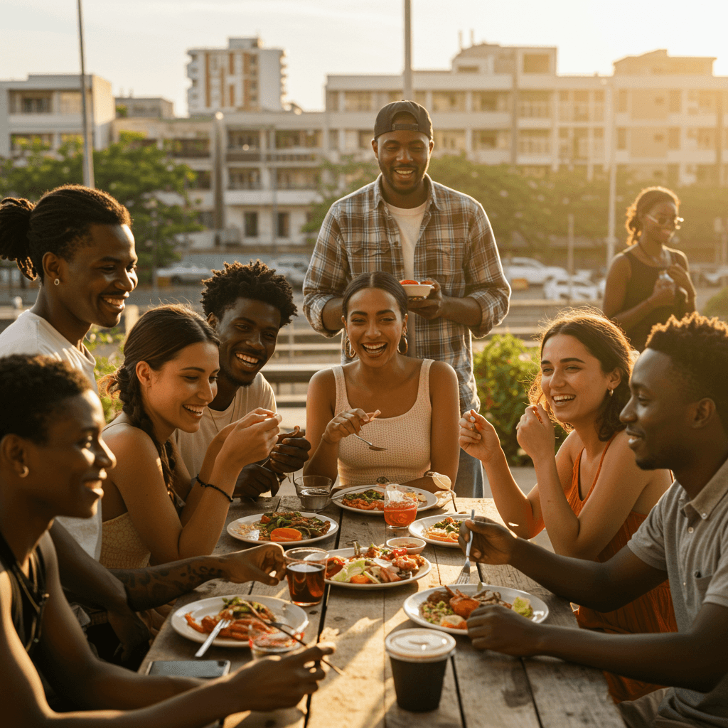 Group sharing a meal outdoors